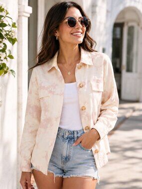 Mystree 100% Cotton Blush Tie Dye Button Front Shacket Jacket